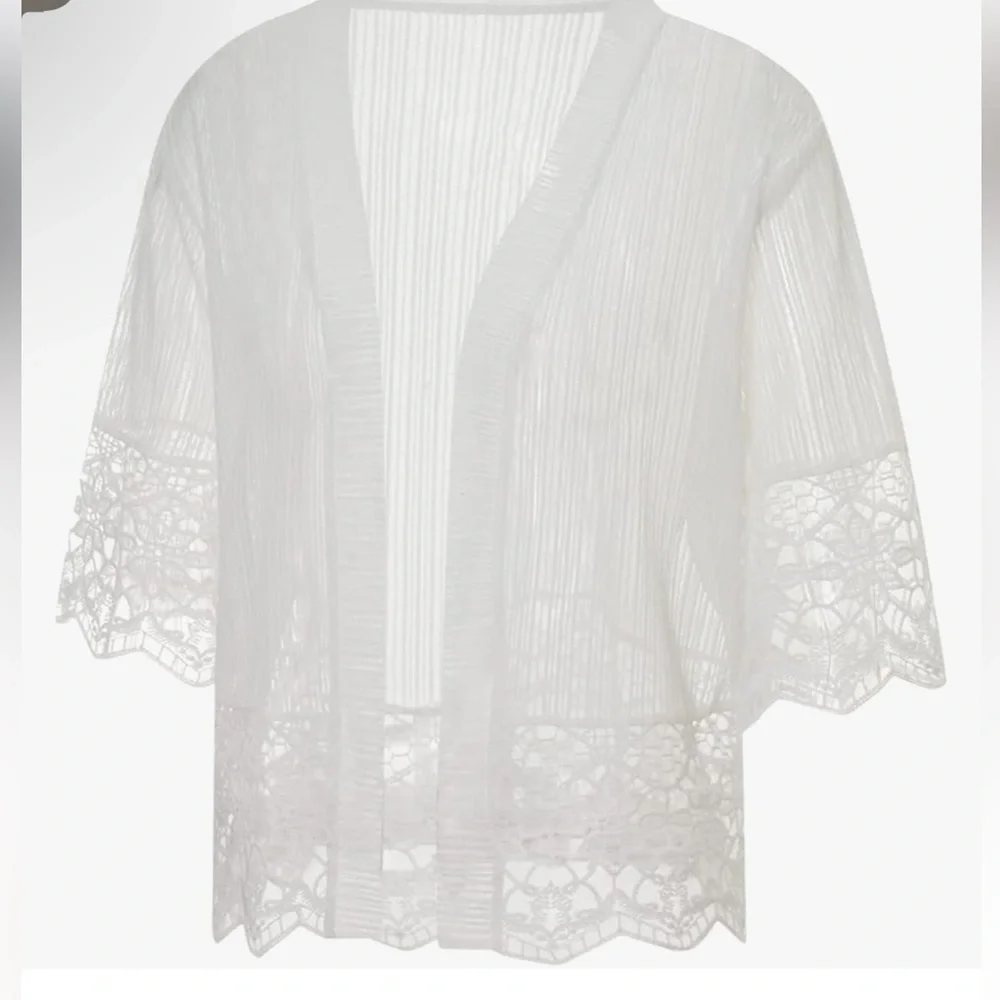 Lace Sheer Cardigan Sweater Short Sleeve Open Front Shrug Floral Bolero Cover Up - Picture 7 of 12